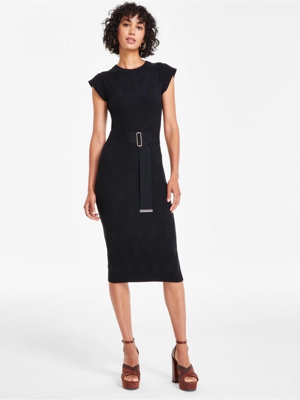 Vince Camuto Black Cap-Sleeve Belted Midi Dress